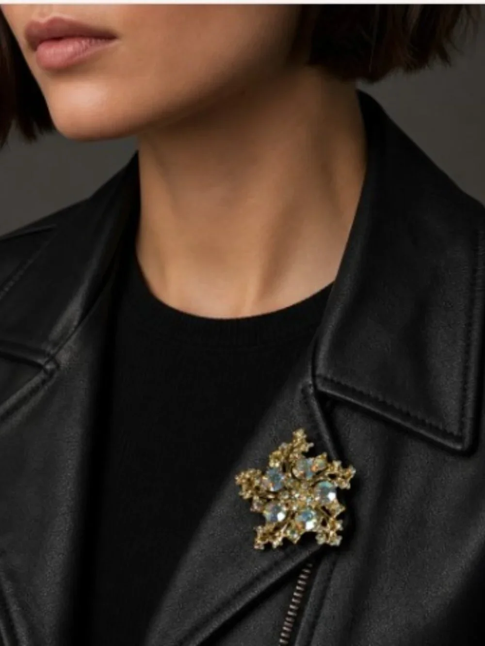Vintage 1950s Satin Gold Abstract Starburst Brooch with AB Rhinestones - Picture 3 of 11